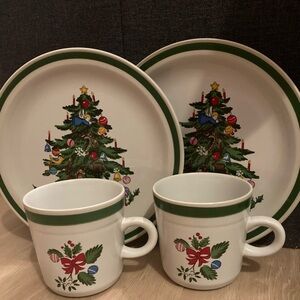 Yamaka Japan Holiday Christmas Tree Dinnerware Set mug cup and plate Green White